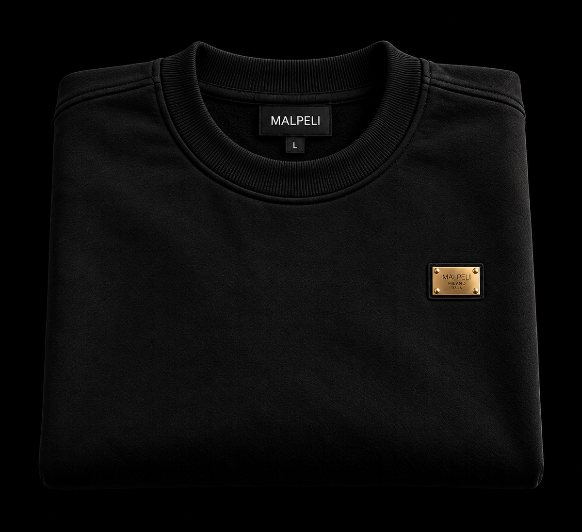MALPELI Milano Men’s Black Sweatshirt Gold Badge Luxury Crewneck Jumper