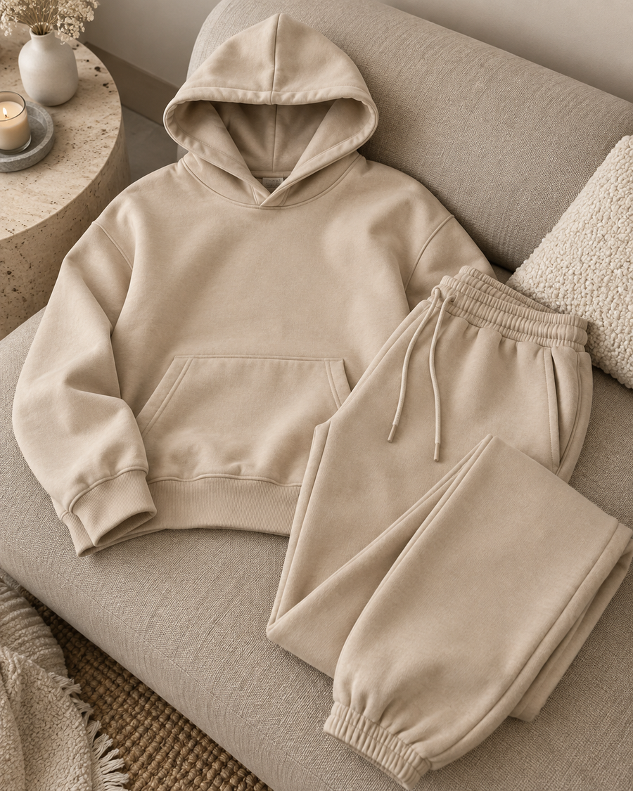 Mocha Vittoria Cinched Cuff Ribbed Lounge Set with Clean Neckline