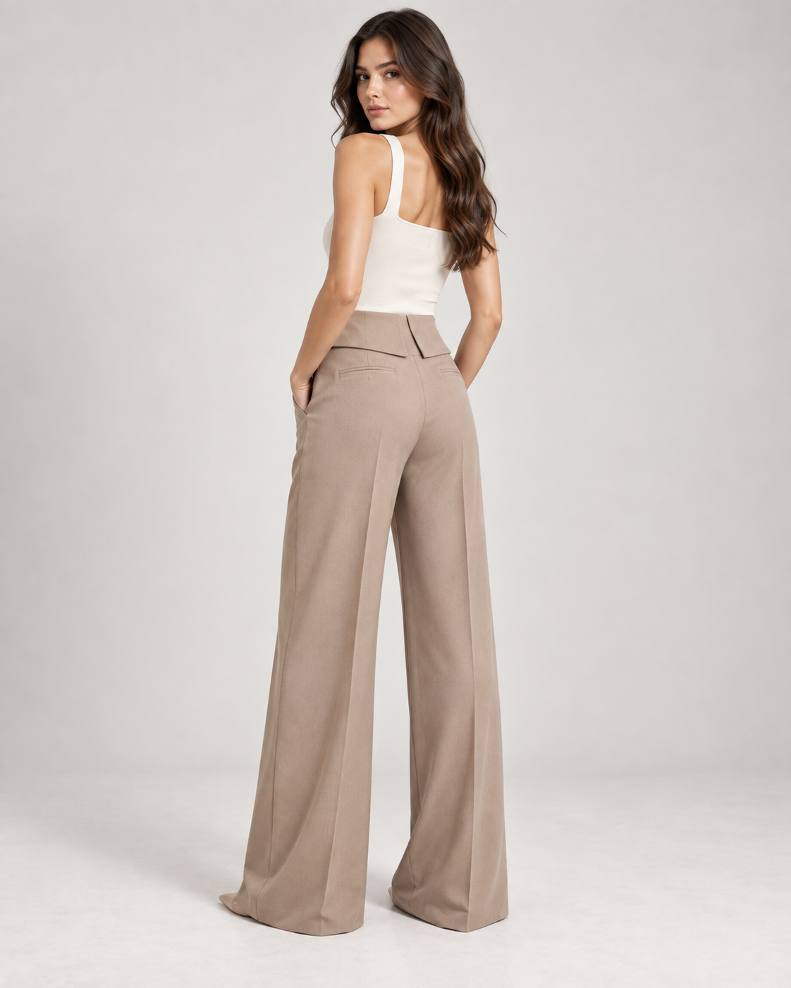 Celine Taupe Peplum Line Wide-Leg Trousers — Fluid Hem
