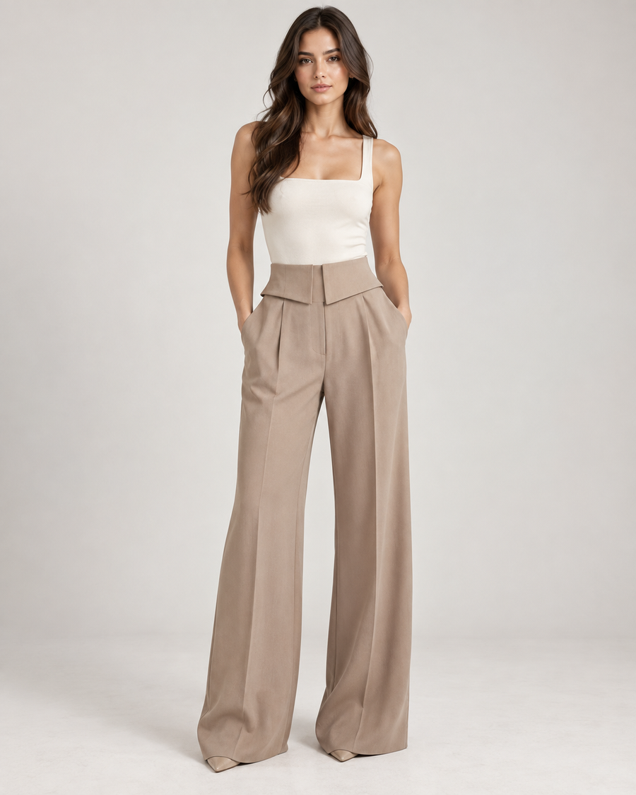 Celine Taupe Peplum Line Wide-Leg Trousers — Fluid Hem