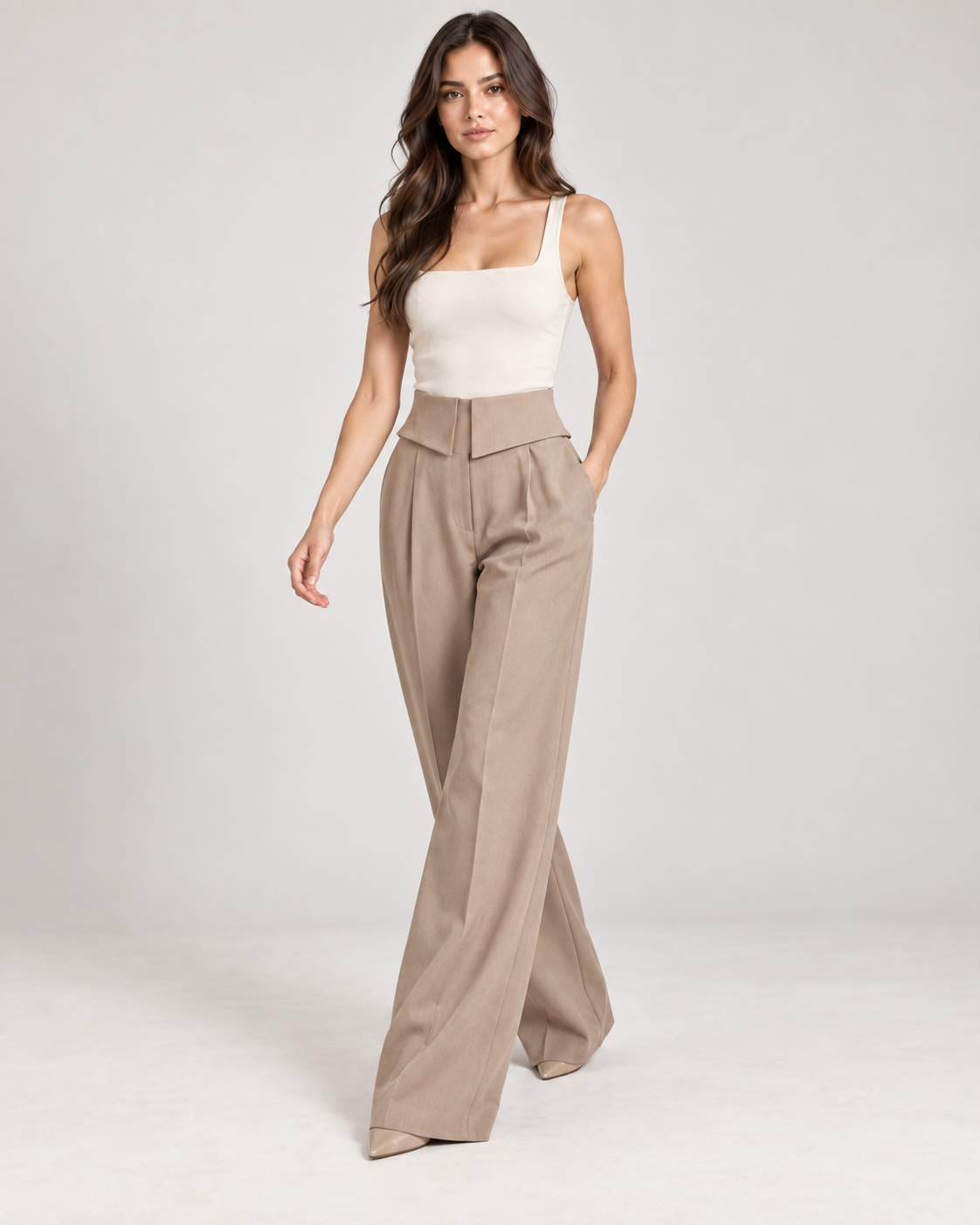 Celine Taupe Peplum Line Wide-Leg Trousers — Fluid Hem