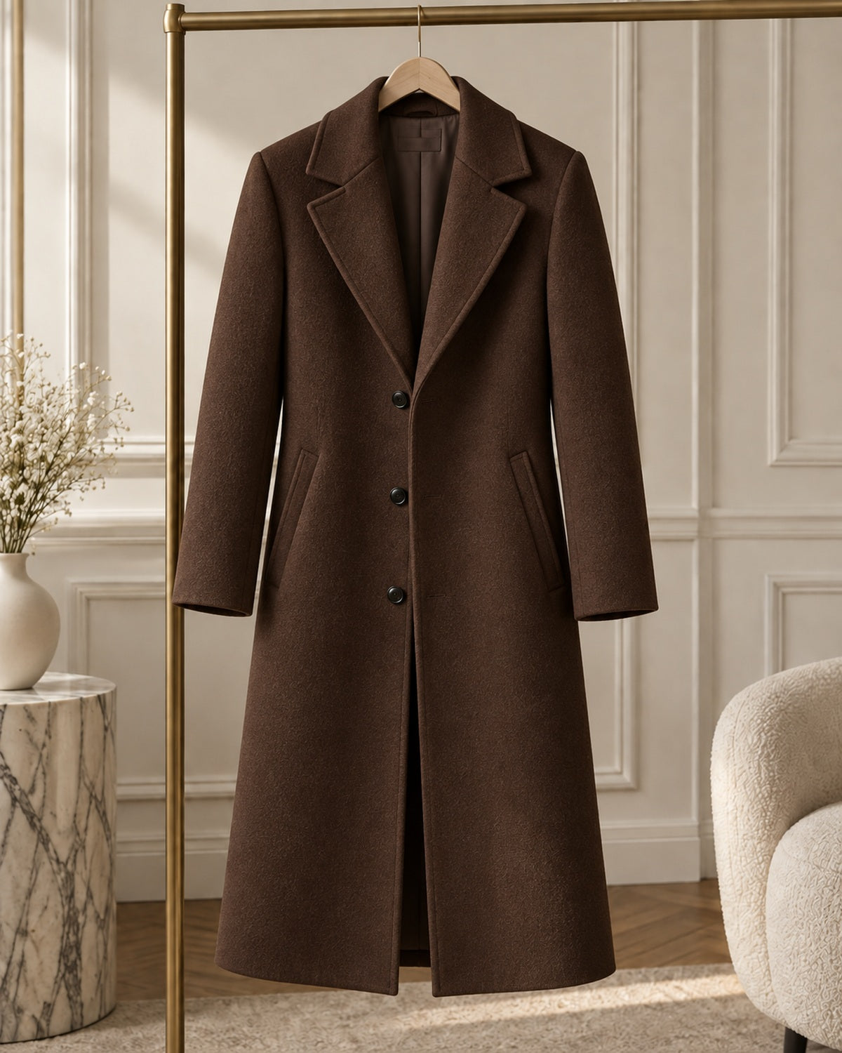 After Hours Stella Tonal Embroidered Wool-Look Overcoat — Chocolate Minimal Branding