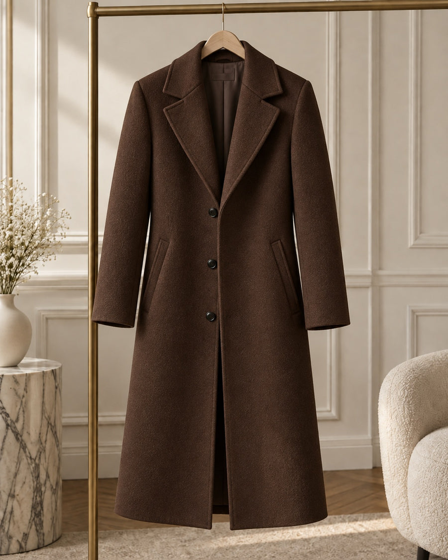 After Hours Stella Tonal Embroidered Wool-Look Overcoat — Chocolate Minimal Branding