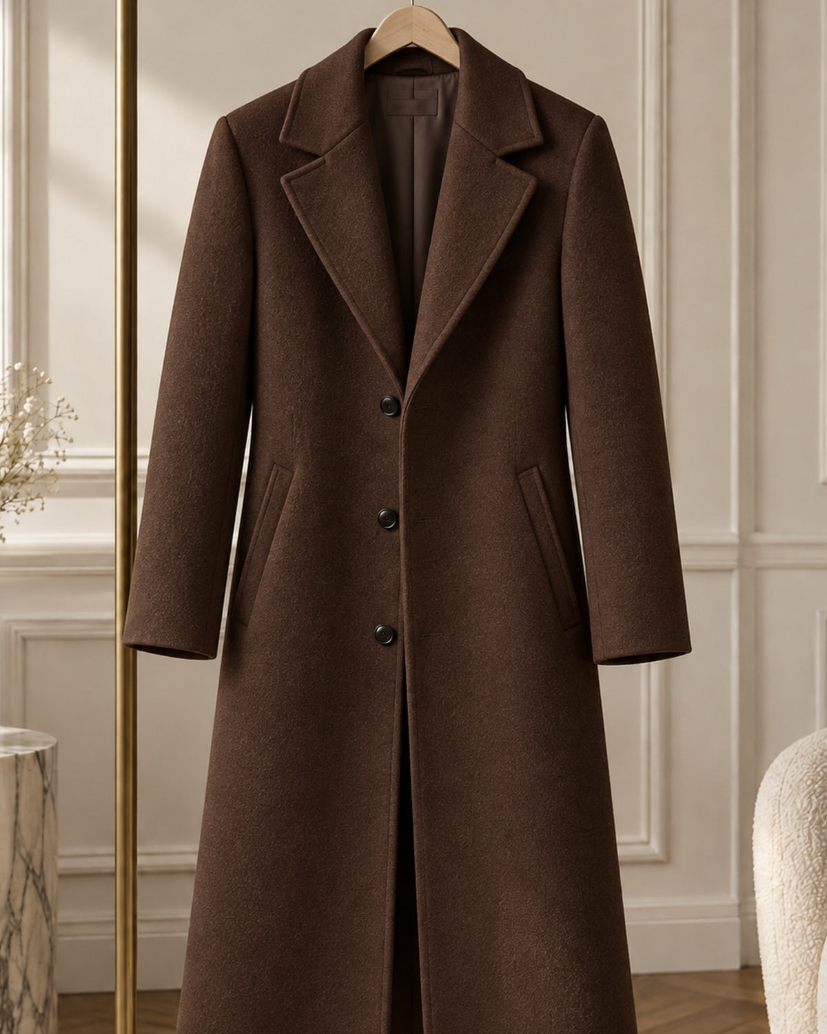 After Hours Stella Tonal Embroidered Wool-Look Overcoat — Chocolate Minimal Branding