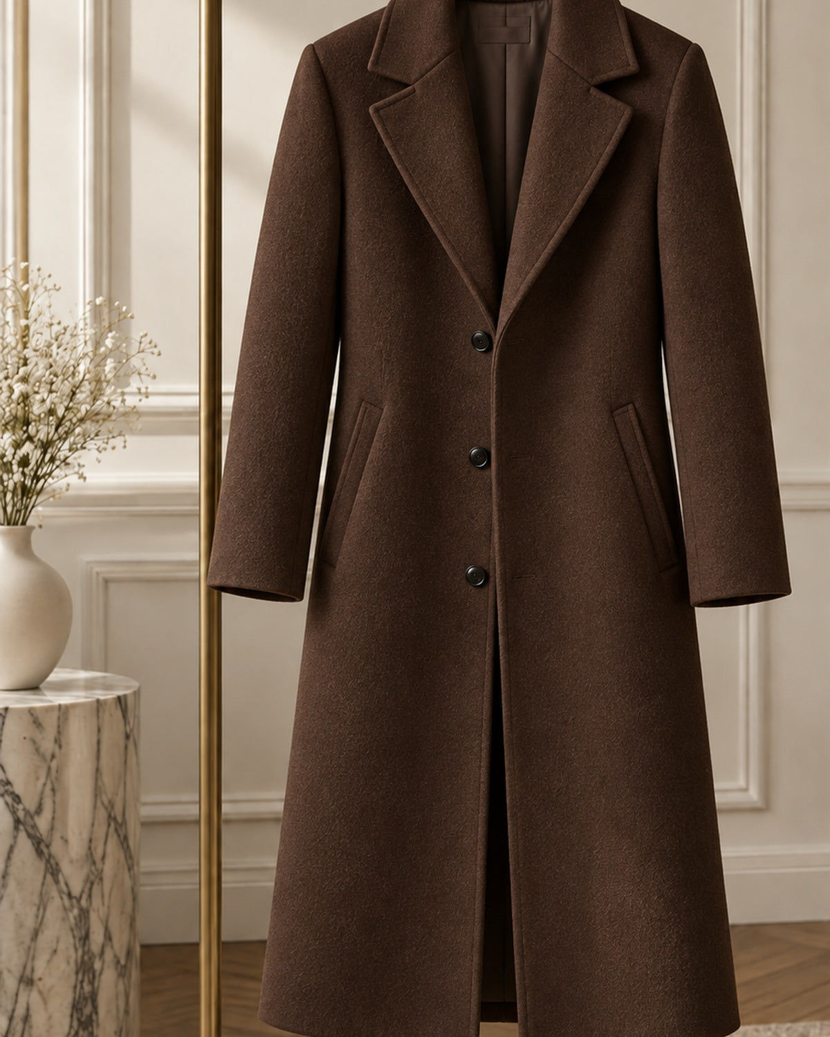 After Hours Stella Tonal Embroidered Wool-Look Overcoat — Chocolate Minimal Branding