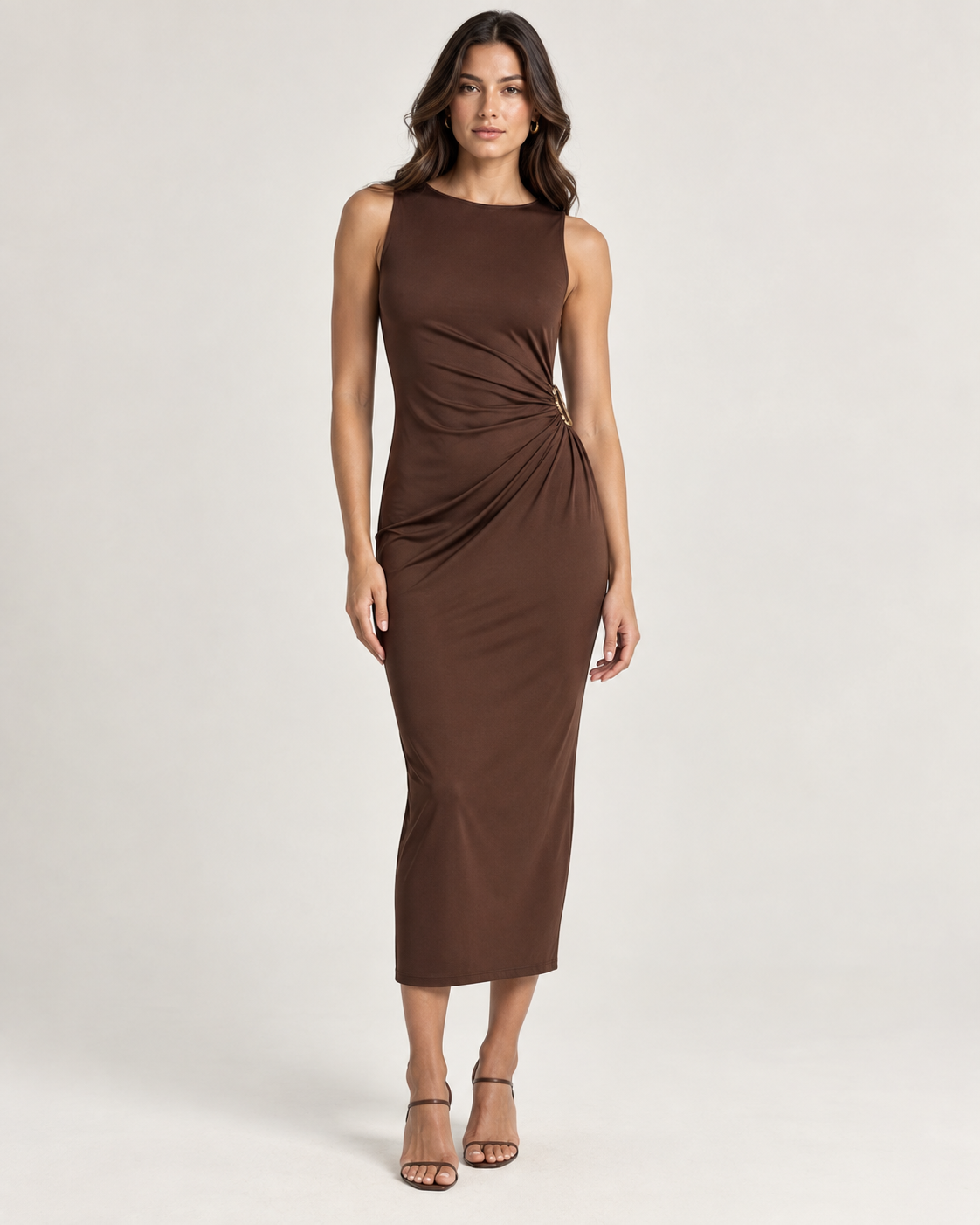 Isola Gathered Side Column Dress — Tonal Hardware, Chocolate