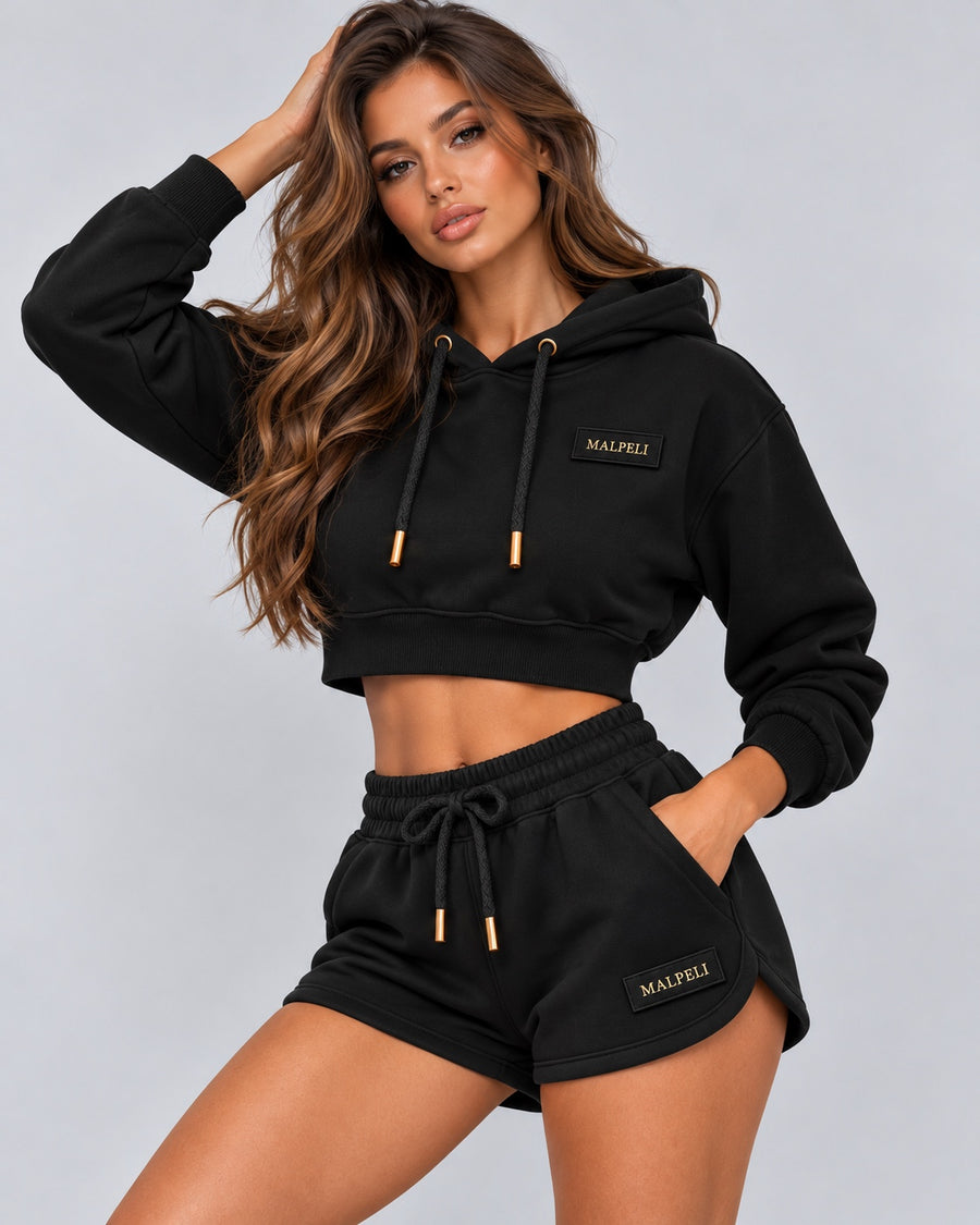 Black Cropped Hoodie – Luxury Gold Logo Oversized Fit Pullover