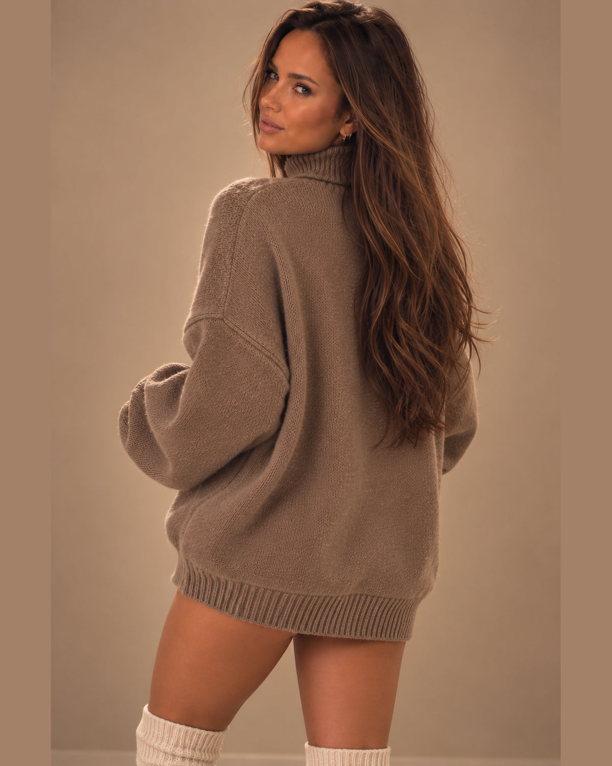 MALPELI taupe roll neck jumper back view on model