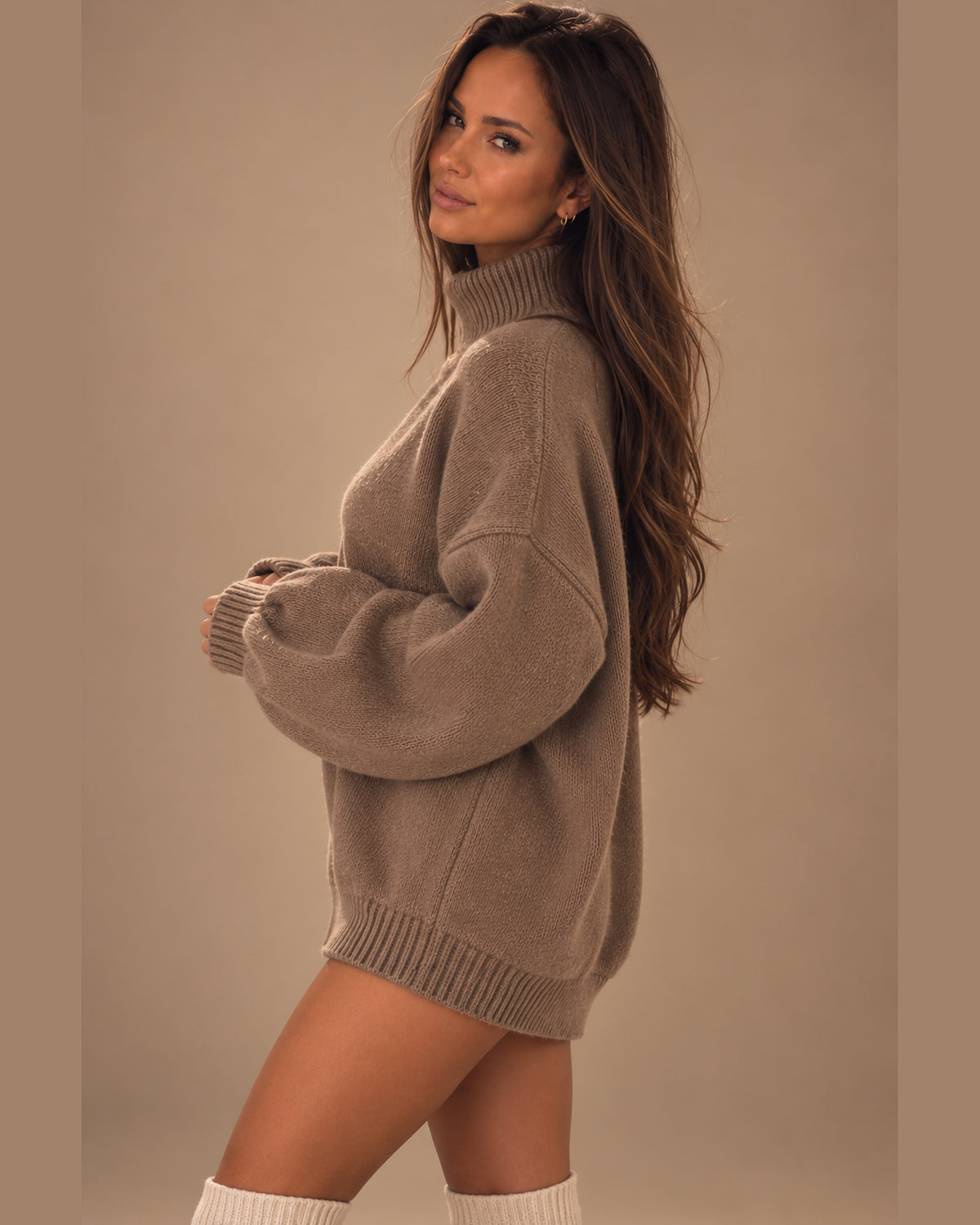MALPELI taupe roll neck jumper side view on model