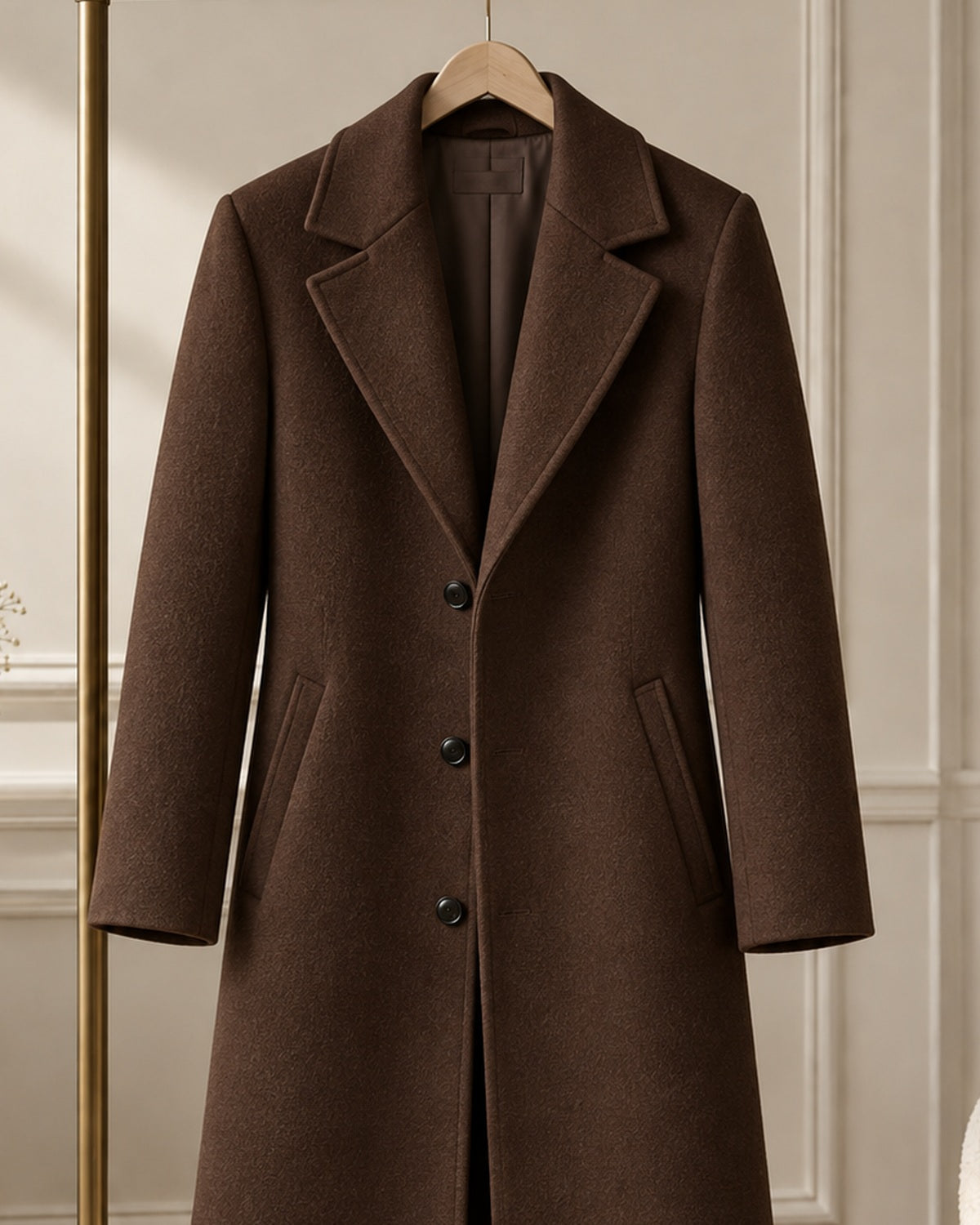 After Hours Stella Tonal Embroidered Wool-Look Overcoat — Chocolate Minimal Branding