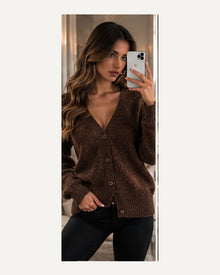 Serena Chocolate Peplum Line Fine-Knit Cardigan — Defined Shoulder