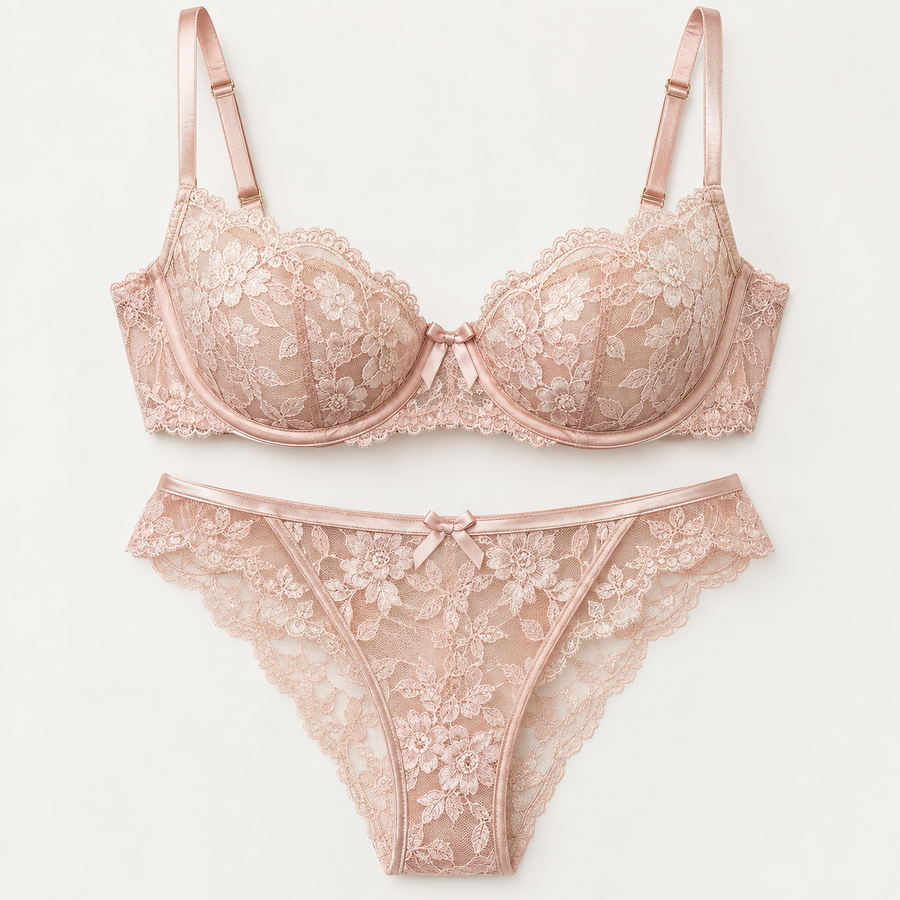 Solace Triangle Bra Set: Scalloped Edge + Flexible Band — Champagne