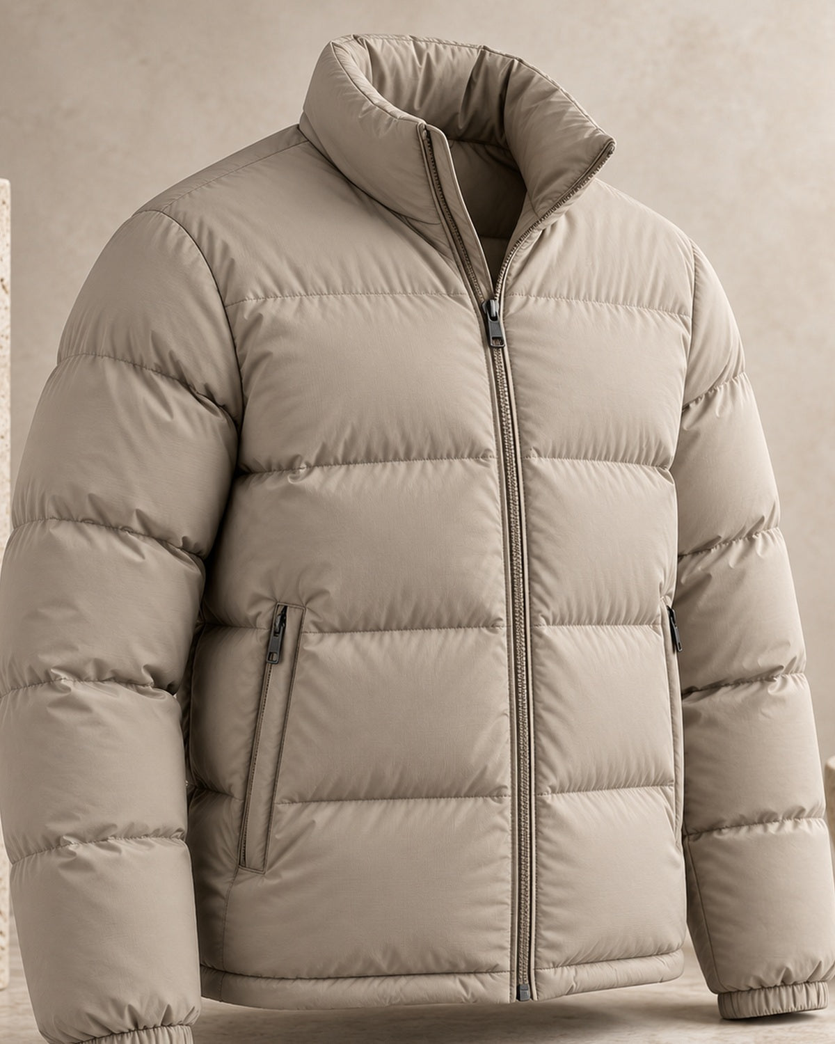 After Hours Palermo Mock Neck Puffer Jacket — Stone Structured Cuff