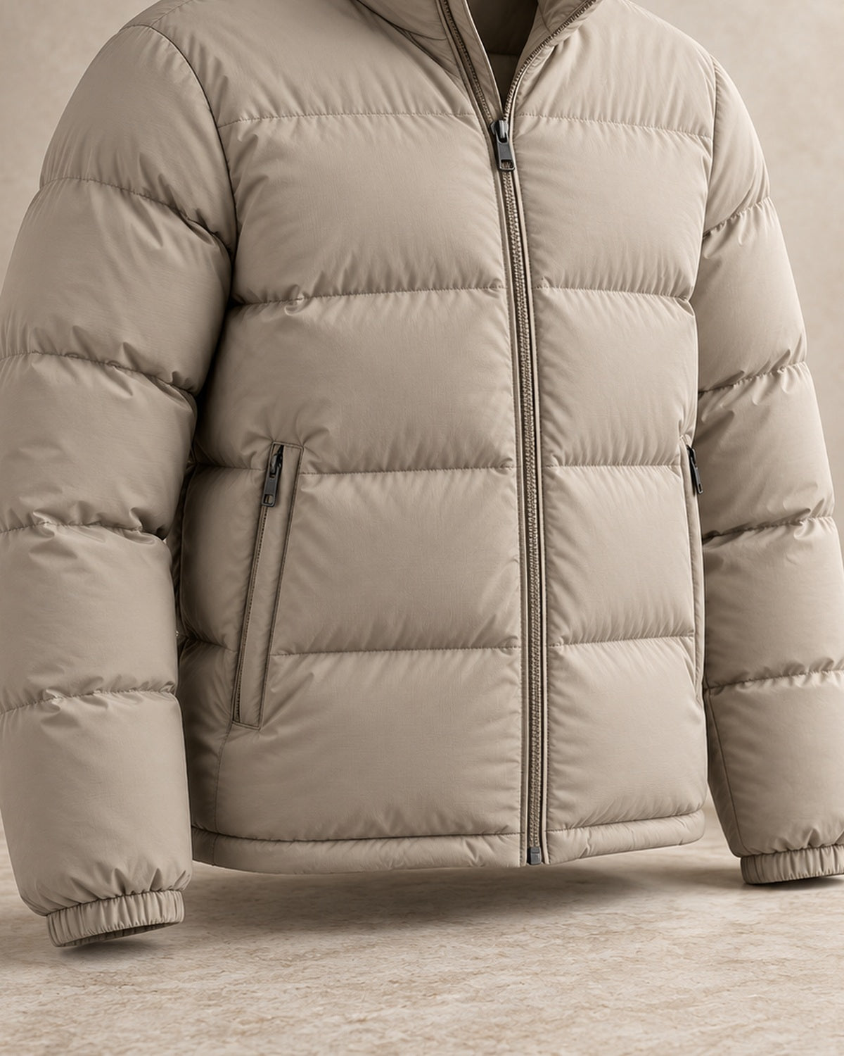 After Hours Palermo Mock Neck Puffer Jacket — Stone Structured Cuff