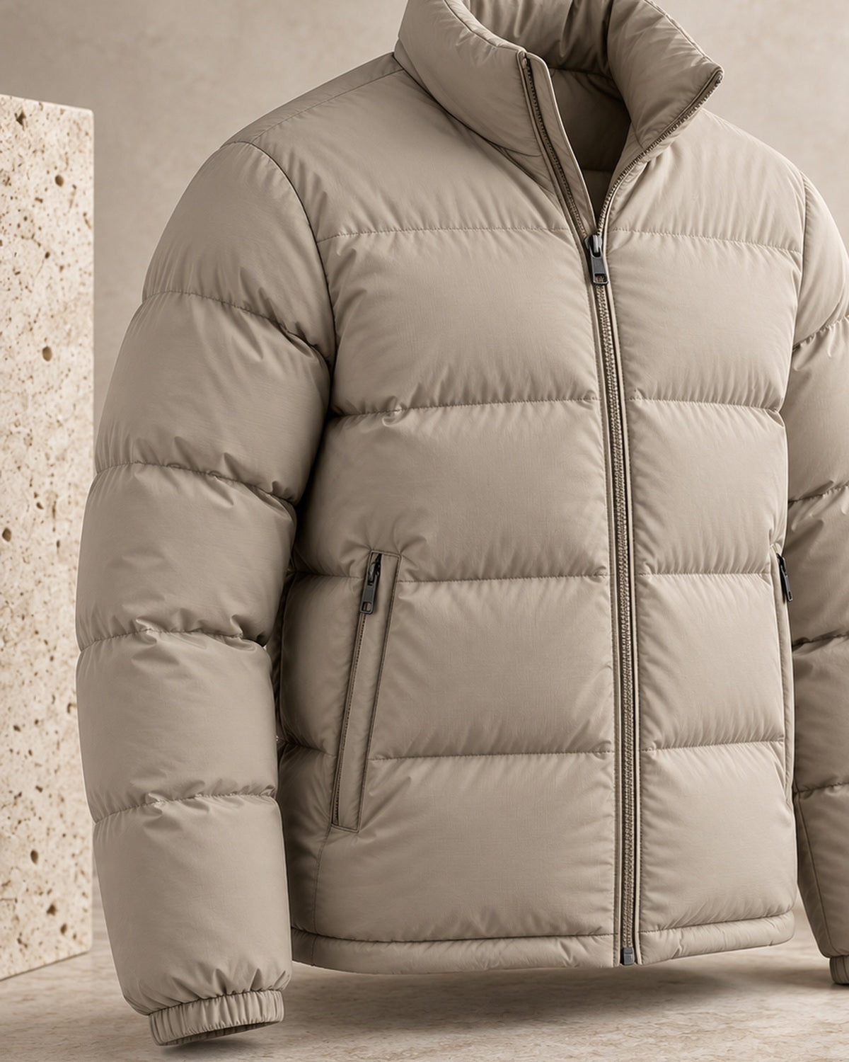 After Hours Palermo Mock Neck Puffer Jacket — Stone Structured Cuff