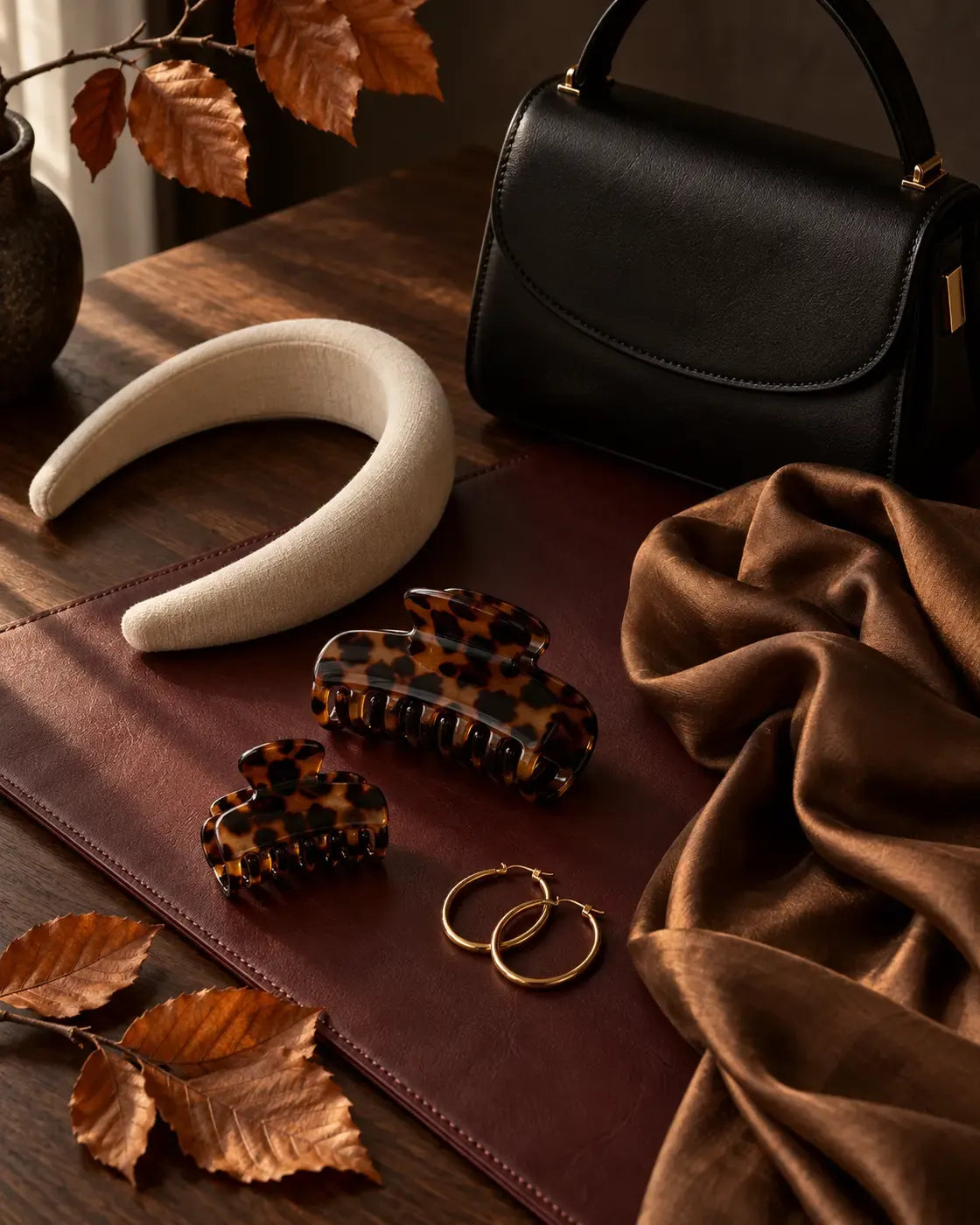 MALPELI autumn accessories including a headband, hair claws and leather bag