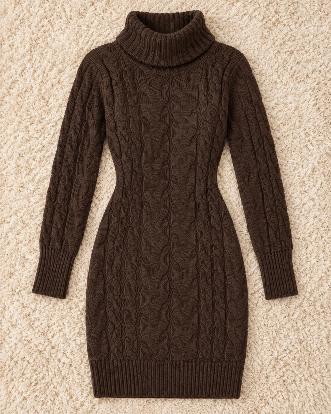 Chocolate brown cable knit roll neck jumper dress
