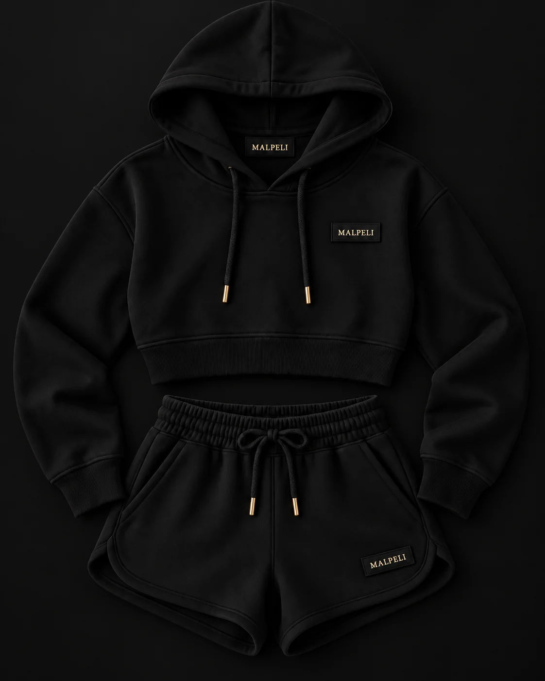 MALPELI Noir black cropped hoodie and shorts set